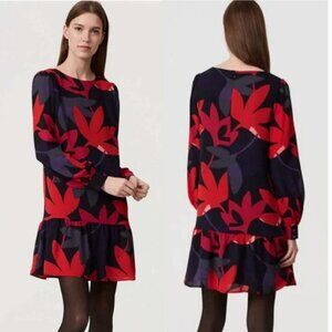 LOFT Red Flounce Fleur Floral Drop Waist Long Sleeve Shift Dress Size Small
